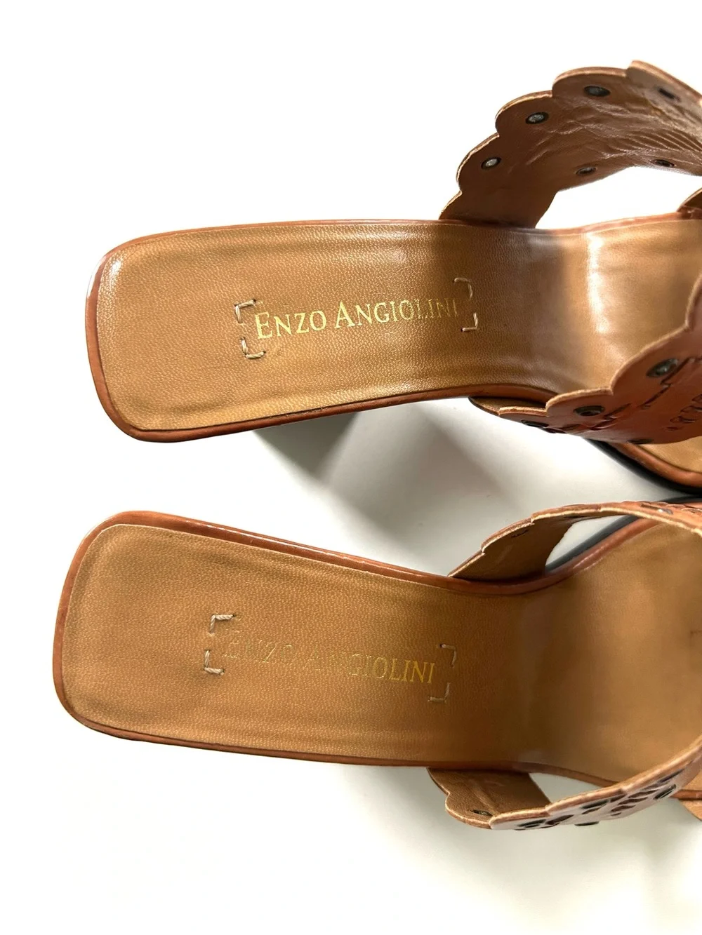 Enzo Angiolini Tan Brown Genuine Leather Woven Studded Open Toe Slide Heels